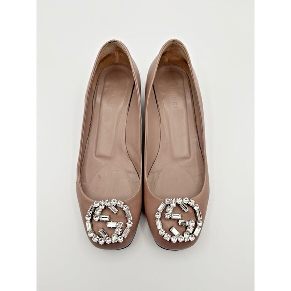 Gucci Nappa Crystal Interlocking G Low Heel Pumps Pink/Nude Leather Sz EU 35.5 - Picture 2 of 15